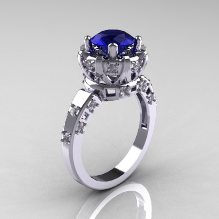 Modern Antique 14K White Gold 1.5 Carat Blue Sapphire Diamond Classic Armenian Solitaire Wedding Ring AR107-14KWGDBS-1