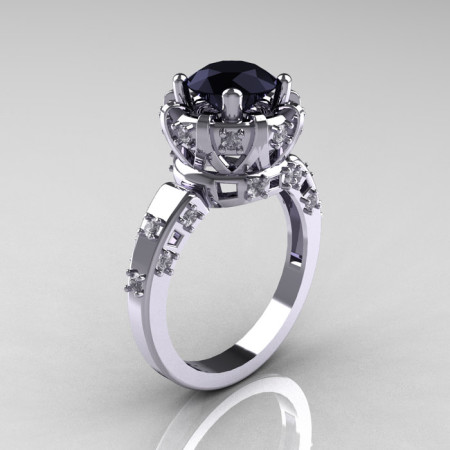 Modern Antique 10K White Gold 1.5 Carat Black Diamond Classic Armenian Solitaire Wedding Ring AR107-10KWGBDD-1