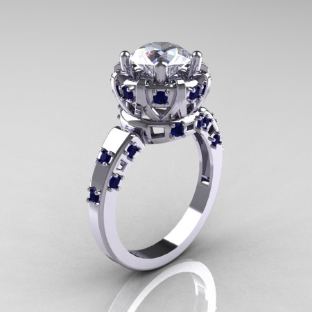 Modern Antique 14K White Gold 1.5 Carat CZ Blue Sapphire Classic Armenian Solitaire Wedding Ring AR107-14KWGBSCZ-1