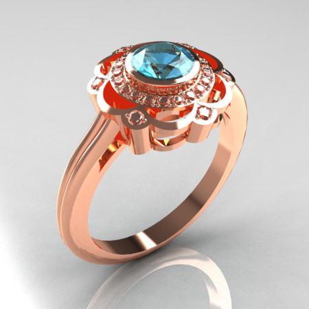 Classic 14K Rose Gold Diamond Aquamarine Bridal Ring R70-14KRGDAQ-1