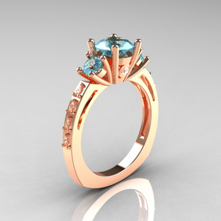 Classic French Bridal 14K Rose Gold Three Stone 1.0 Carat Aquamarine Diamond Engagement Ring AR112-14KRGDAQ-1