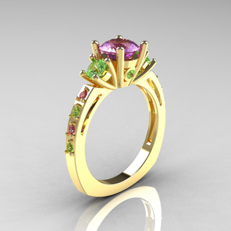 Classic French Bridal 10K Yellow Gold Three Stone 1.0 Carat Lilac and Green Amethyst Engagement Ring AR112-10KYGLGAM-1