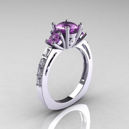 Classic French Bridal 10K White Gold Three Stone 1.0 Carat Lilac Amethyst Diamond Engagement Ring AR112-10KWGDLA-1