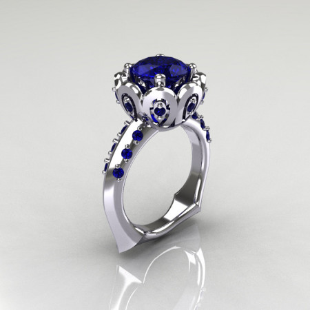 Classic 14K White Gold 3.0 Carat Blue Sapphire Greek Galatea Bridal Wedding Ring AR114-14KWGBSS-1