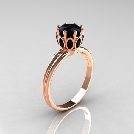 Modern Antique 14K Pink Gold Marquise and 1.0 CT Round Black Diamond Solitaire Ring R90-14KPGBDD-1