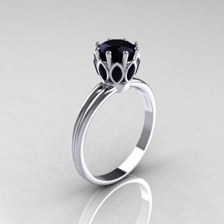 Modern Antique 10K White Gold Marquise and 1.0 CT Round Black Diamond Solitaire Ring R90-10KWGBDD-1