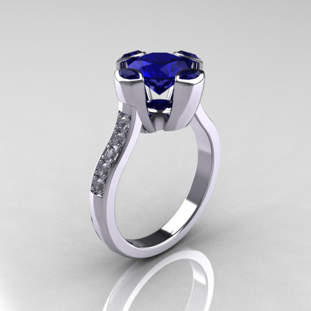 Modern Classic 950 Platinum 1.5 Carat Round and Marquise Blue Sapphire Diamond Solitaire Ring AR121-PLATDBSS-1