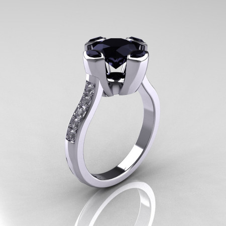Modern Classic 14K White Gold 1.5 Carat Round and Marquise Black Diamond Solitaire Ring AR121-14WGDBLL-1