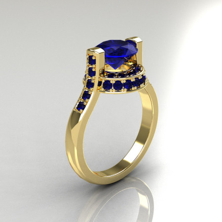 Italian Bridal 18K Yellow Gold 1.5 Carat Blue Sapphire Wedding Ring AR119-18YGBSS-1
