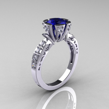 Modern Antique 14K White Gold 1.0 Carat Blue Sapphire Diamond Engagement Ring AR129-14WGDBS-1