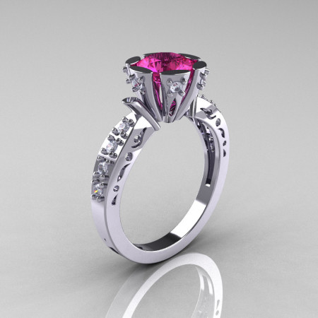 Modern Antique 14K White Gold 1.0 Carat Pink Sapphire Diamond Engagement Ring AR129-14WGDPS-1