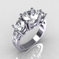 Modern 10K White Gold Three Stone 2.25 Carat Total Round White Sapphire Bridal Ring R94-10KWGWS-1