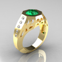 Gentlemens Modern Edwardian 18K Yellow Gold 1.5 Carat Emerald Diamond Engagement Ring MR155-18KYGDEM-1
