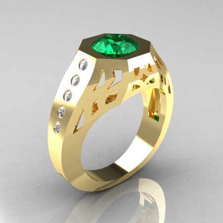 Gentlemens Modern Edwardian 18K Yellow Gold 1.5 Carat Emerald Diamond Engagement Ring MR155-18KYGDEM-1