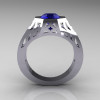 Gentlemens Modern Edwardian 14K White Gold 1.5 Carat Blue Sapphire Diamond Engagement Ring MR155-14KWGDBS-2