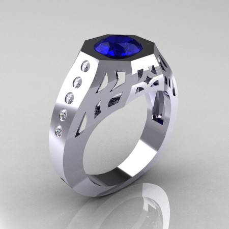 Gentlemens Modern Edwardian 14K White Gold 1.5 Carat Blue Sapphire Diamond Engagement Ring MR155-14KWGDBS-1