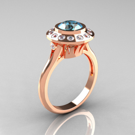Classic 14K Rose Gold 1.0 Carat Aquamarine Diamond Bridal Engagement Ring R400-14KRGDAQ-1