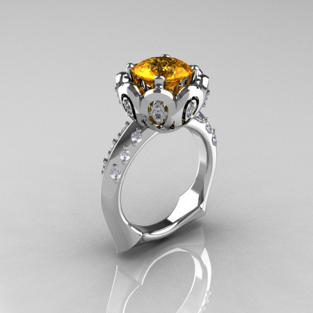Classic 10K White Gold 3.0 Carat Yellow Citrine Diamond Greek Galatea Bridal Wedding Ring AR114-10KWGDYCI-1