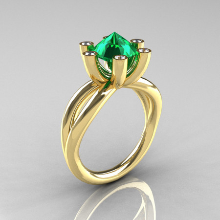 Modern Russian 14K Yellow Gold 2.0 Carat Emerald Diamond Bridal Ring RR111-14KYGDEM-1
