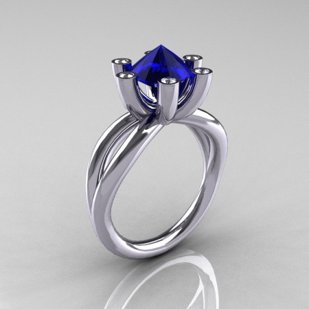 Modern Russian 14K White Gold 2.0 Carat Blue Sapphire Diamond Bridal Ring RR111-14KWGDBS-1