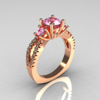 Modern French Bridal 10K Rose Gold Three Stone 1.0 Carat  Light Pink Topaz Diamond Engagement Ring R140-10KRGDLPT-1