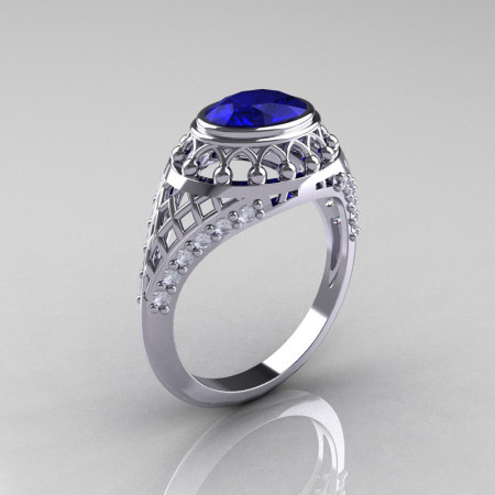 Modern Victorian 950 Platinum 1.16 Carat Oval Blue Sapphire 0.24 CTW Diamond Bridal Ring R158-PLATDBS-1