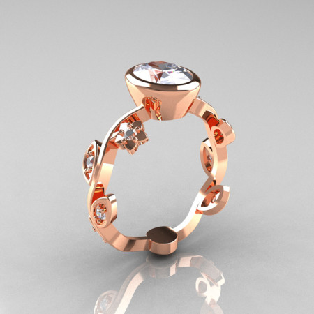 Classic 10K Rose Gold 1.0 Carat Oval Zircon Diamond Flower Leaf Engagement Ring R159O-10KRGDZ-1