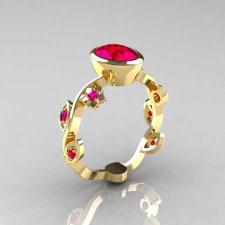 Classic 10K Yellow Gold 1.0 Carat Oval Ruby Flower Leaf Engagement Ring R159O-10KYGRR-1