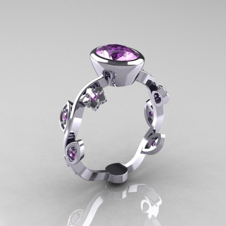 Classic 10K White Gold 1.0 Carat Oval Lilac Amethyst Flower Leaf Engagement Ring R159O-10KWGLA-1