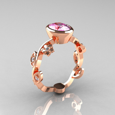 Classic 14K Rose Gold 1.0 Carat Oval Light Pink Topaz Diamond Flower Leaf Engagement Ring R159O-14KRGDPT-1