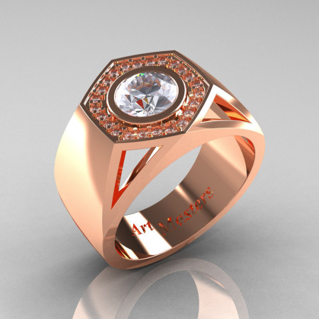 Gentlemens Modern 14K Rose Gold 1.0 Carat Moissanite Diamond Celebrity Engagement Ring MR161-14KRGDM-1