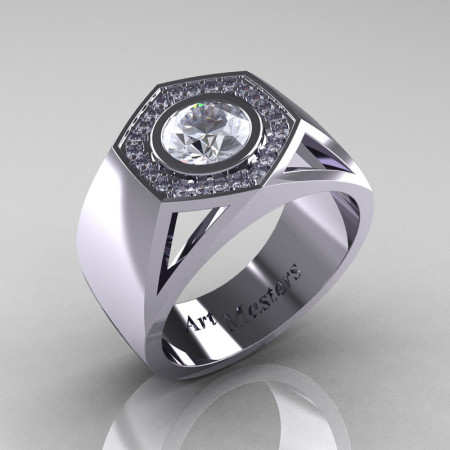 Gentlemens Modern 950 Platinum 1.0 Carat Moissanite Diamond Celebrity Engagement Ring MR161-PLATDM-1