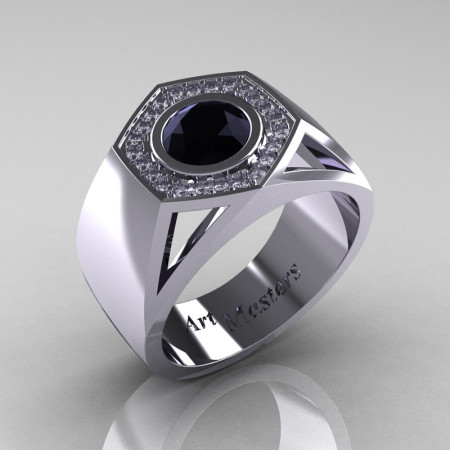 Gentlemens Modern 950 Platinum 1.0 Carat Black Diamond Celebrity Engagement Ring MR161-PLATDBD-1