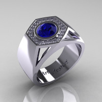 Gentlemens Modern 14K White Gold 1.0 Carat Blue Sapphire Diamond Celebrity Engagement Ring MR161-14KWGDBS-1