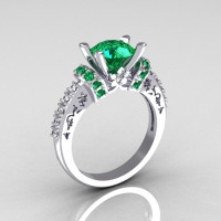Modern Armenian Classic 14K White Gold 1.5 Carat Emerald Diamond Solitaire Wedding Ring R137-14WGDEM-1