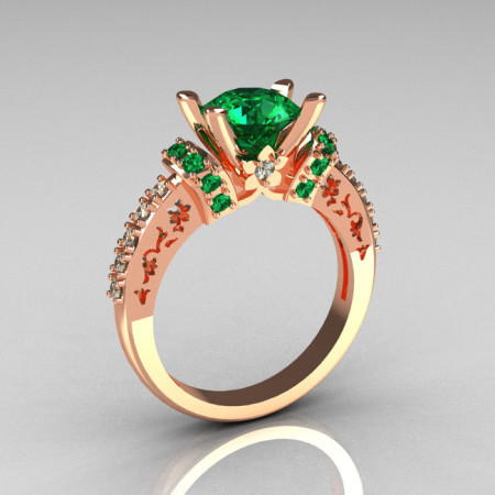 Modern Armenian Classic 14K Rose Gold 1.5 Carat Emerald Diamond Solitaire Wedding Ring R137-14RGDEM-1