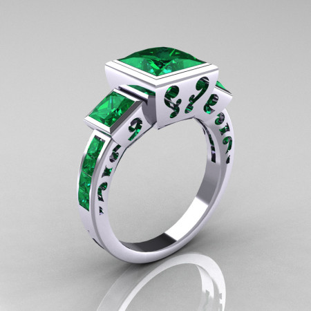 Classic Bridal 14K White Gold 2.5 Carat Square Three Stone Princess Emerald Ring R315-14WGEM-1