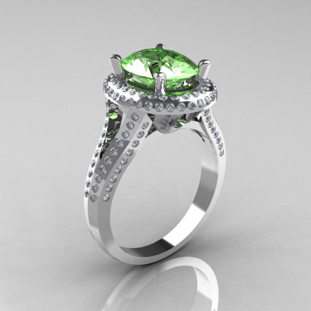 French Bridal 10K White Gold 2.5 Carat Oval Green Topaz Diamond Cluster Engagement Ring R164-10KWGDGT-1