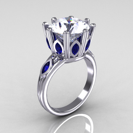 Classic 10K White Gold Marquise Blue Sapphire 5.0 CT Round Zirconia Solitaire Ring R160-10KWGCZBS-1