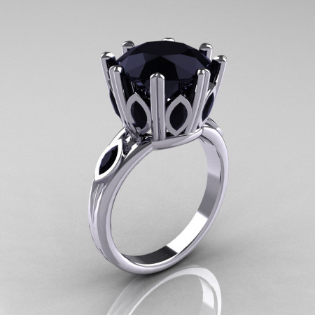 Classic 10K White Gold Marquise and 5.0 CT Round Black Diamond Solitaire Ring R160-10KWGBDD-1
