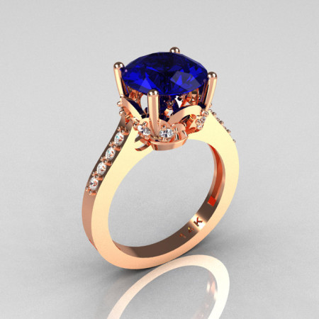 Classic 14K Rose Gold 3.0 Carat Blue Sapphire Diamond Solitaire Wedding Ring R301-14KRGDBS-1