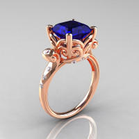 Modern Antique 14K Rose Gold 2.6 Carat Emerald Cut Blue Sapphire Diamond Solitaire Ring R166-14RGDBS-1