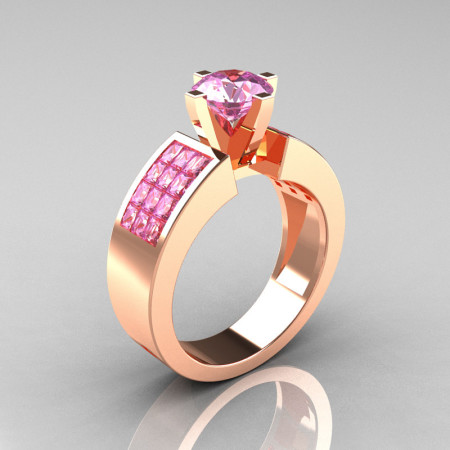 Modern Bridal 18K Rose Gold Princess Invisible 1.0 CT Round Pink Topaz Wedding Ring R168-18KRGPT-1
