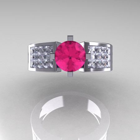 Modern Bridal 950 Platinum Princess Invisible White Sapphire 1.0 CT Round Pink Sapphire Wedding Ring R168-PLATWSPS-1