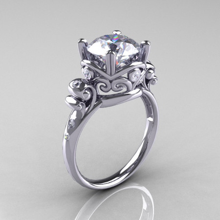 Modern Vintage 14K White Gold 2.5 Carat White Sapphire Diamond Wedding Engagement Ring R167-14KWGDWS-1