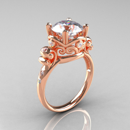 Modern Vintage 14K Rose Gold 2.5 Carat White Sapphire Diamond Wedding Engagement Ring R167-14KRGDWS-1