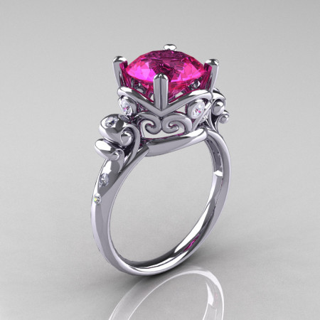 Modern Vintage 14K White Gold 2.5 Carat Pink Sapphire Diamond Wedding Engagement Ring R167-14KWGDPS-1