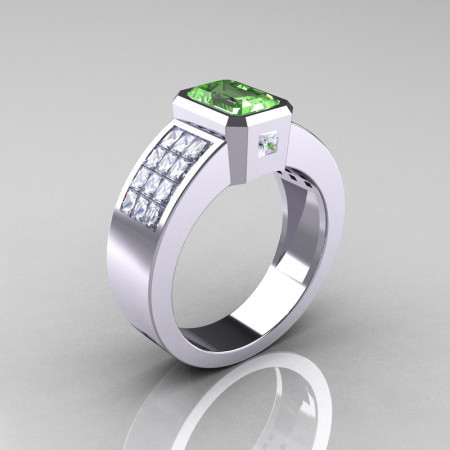 Ultra Modern 10K White Gold Princess Invisible White Sapphire 1.0 CT Emerald Green Topaz Engagement Ring R169-10KWGWSGT-1