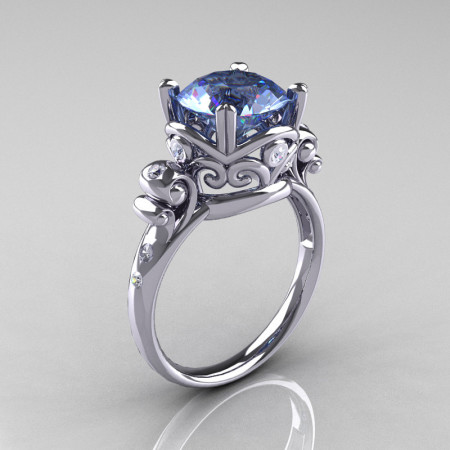 Modern Vintage 10K White Gold 2.5 Carat Blue Topaz Diamond Wedding Engagement Ring R167-10KWGDBT-1