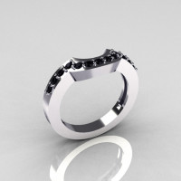 Reserved for Kurt - Classic 14K White Gold Black Diamond Magic Band Matching Solitaire Wedding Ring R301-M-14WGDBL-1